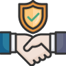 Guaranteed Acceptance Life Icon - Two hands shaking below a check-marked shield plaque